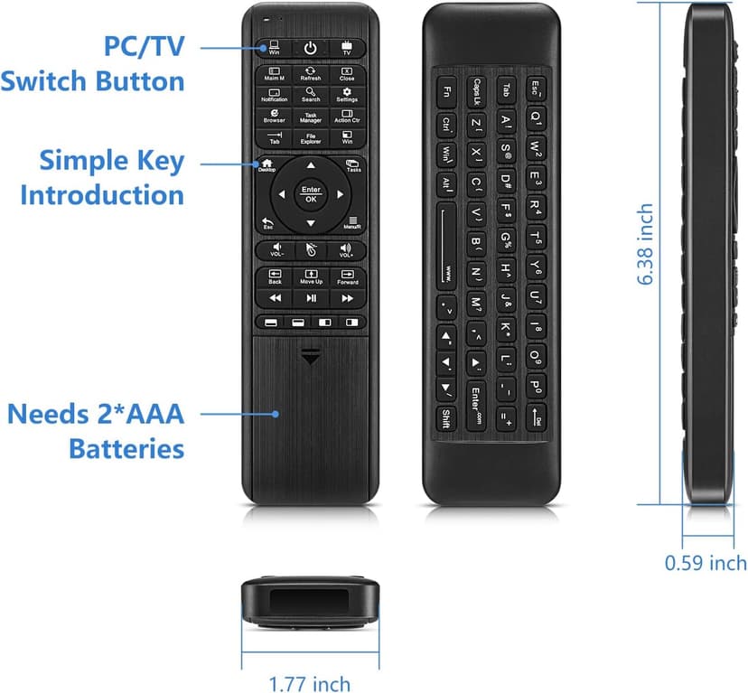 Pepper Jobs W10 GYRO Air TV Remote, QWERTY Keyboard Fly Mouse for Win 11/10, LED Backlit Keyboard Mini PC Controller, 6-Axis Gyro w/Learning Remote Control Function