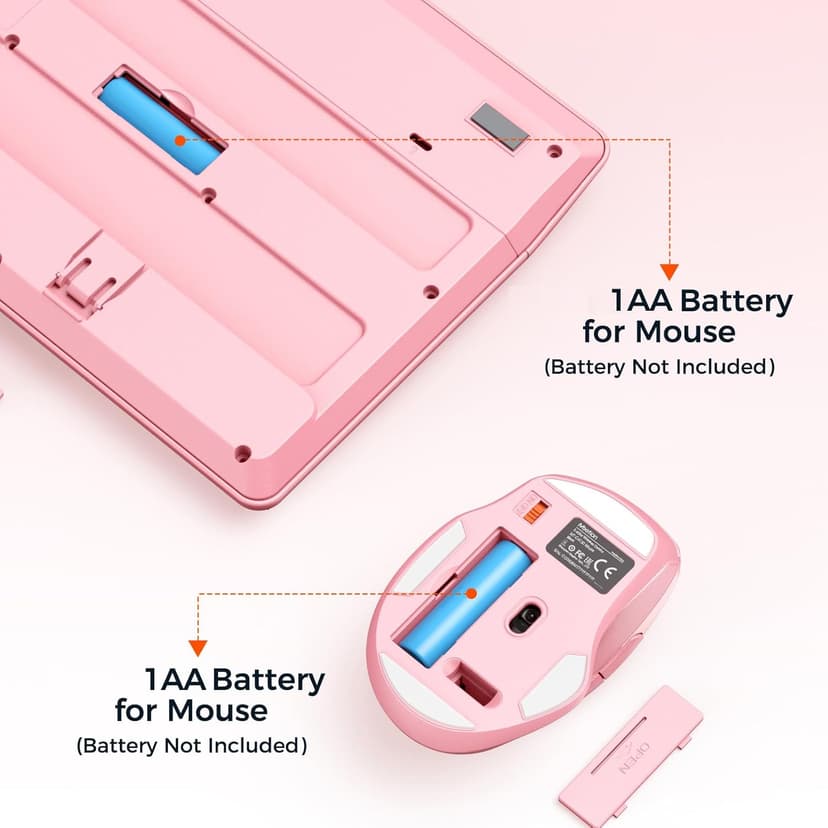 MEETION Wireless Keyboard and Mouse, Full-Sized Cordless Keyboard with Wrist Rest and 3 DPI Adjustable Mouse, 2.4G Wireless, Compatible with PC/Computer/Laptop/Windows/Mac, Pink