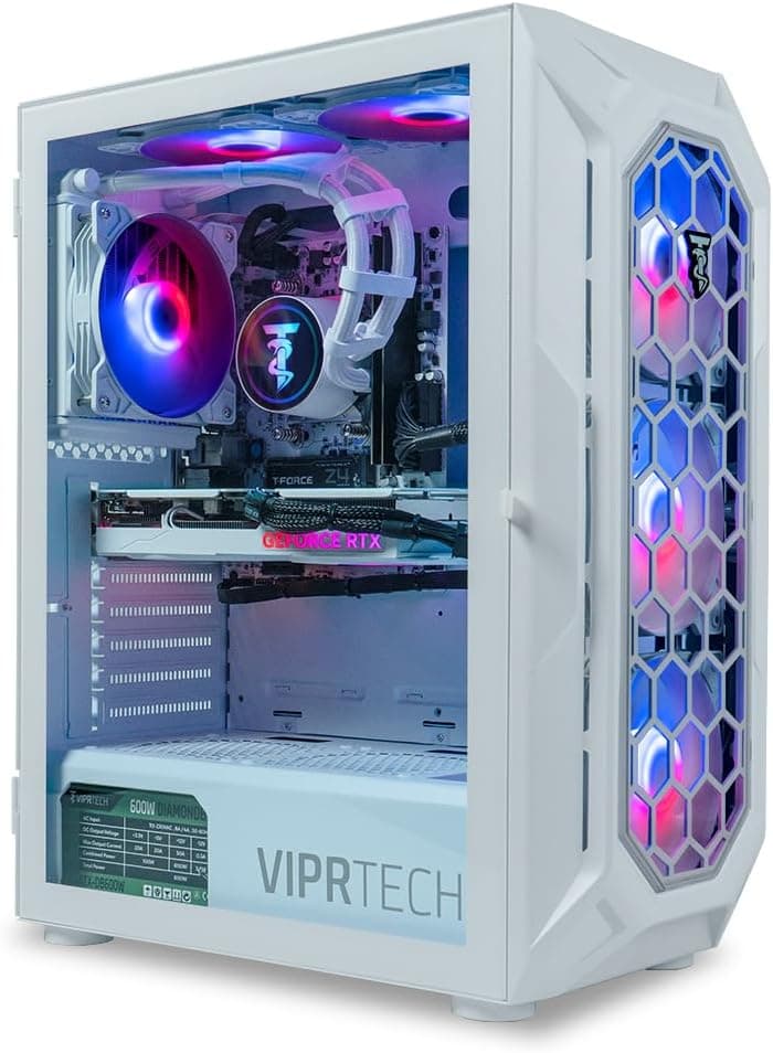 ViprTech Ghost 3.0 Liquid-Cooled PC - AMD Ryzen 5 5600X (12-LCore 4.6Ghz), RTX 4060 8GB, 32GB DDR4 3200, 1TB NVMe SSD, VR-Ready, Streaming, WiFi, RGB, Win 11, Warranty, Gaming Desktop Computer