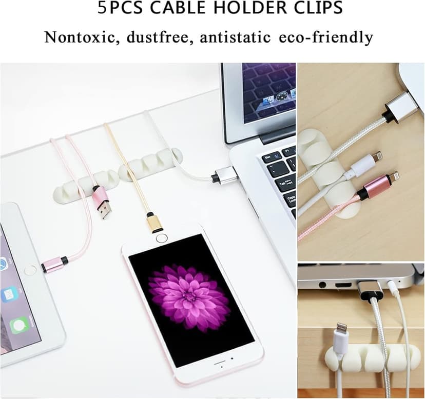 White Cable Management Organizer Kit, 2 Wire Sleeve Protector, 41 Self Adhesive Cable Clips Holder, 10pcs+2 Roll Reusable Cable Ties and 100 Cable Zip Ties for TV Computer Cord Tidy Under Desk
