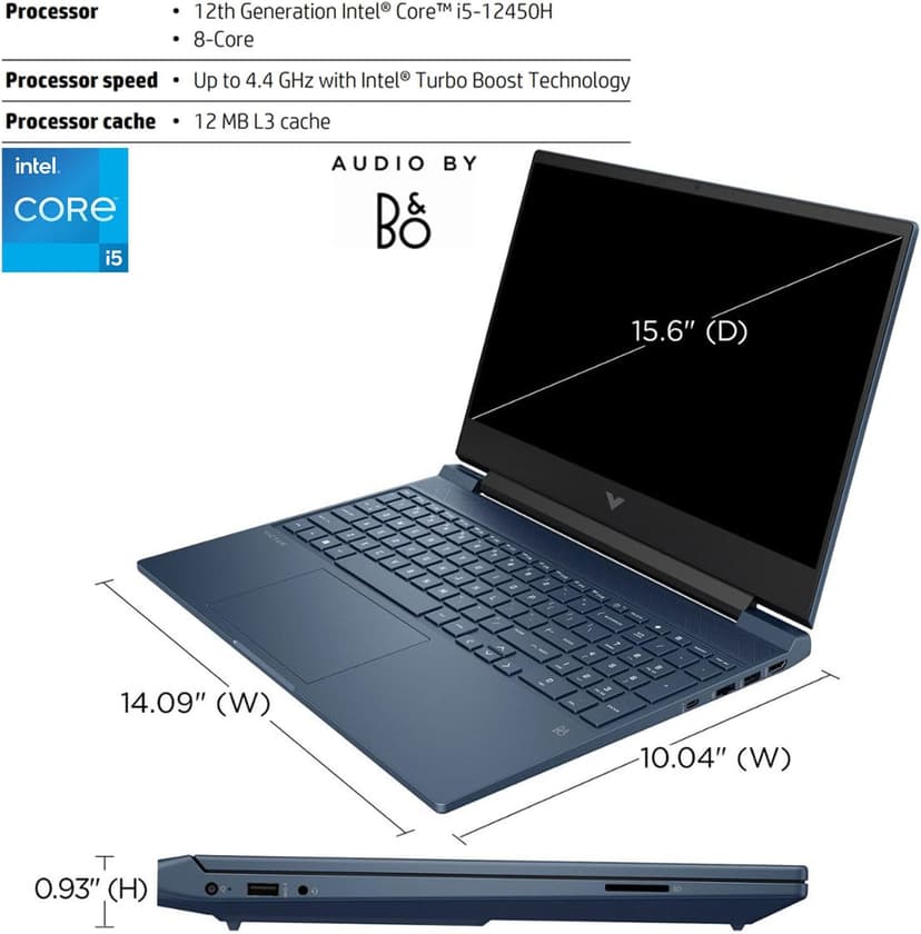 HP Victus 15.6 i5 Gaming Laptop, 15.6" FHD 1920*1080 144Hz, Intel Core i5-12450H, NVIDIA GeForce RTX 3050, 32GB RAM, 1TB SSD, Backlit KB, Touchpad, SD Card Reader, Webcam, HDMI, Wi-Fi 6, W11 H, Blue