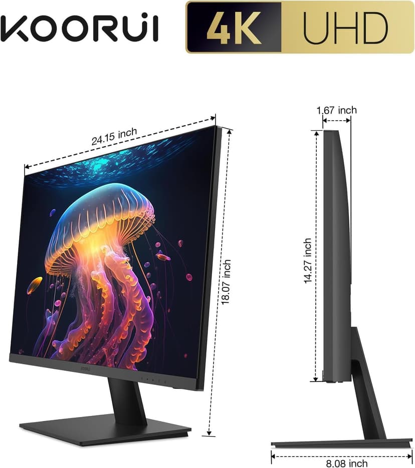 KOORUI 27 Inch 4K Monitor Computer UHD(3840 * 2160) IPS Display, 99% sRGB, 95% DCI-P3, 1.07 Billion Colors, Freesync & G-sync, Displayport & 2X HDMI, VESA 100 * 100mm, Tilt -5 to 20°, Audio Out (N07)