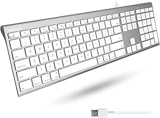 Macally Ultra Slim USB Wired Computer Keyboard - Compatible Apple Keyboard or Windows - Full Size with 20 Mac Keyboard Keys -with Numeric Keypad - Silver Aluminum Finish
