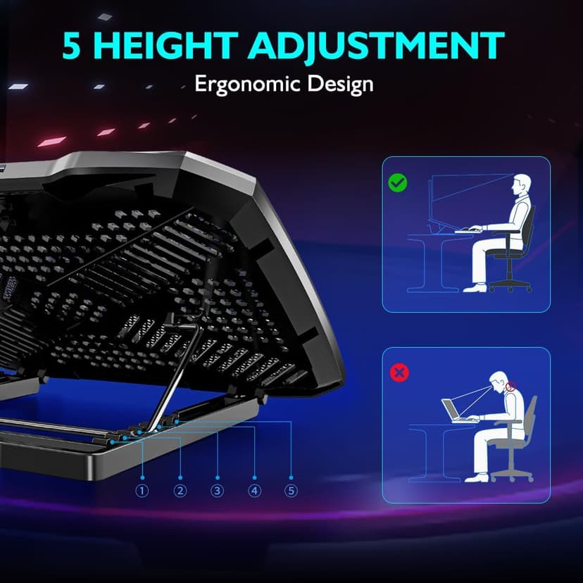 Laptop Cooling Pad Laptop Cooler Stand, Laptop Fan Cooling Pad for 12-15.6 Inch Laptop Notebooks, 5 Quiet Fans, 5 Angle Adjustable Laptop Cooling Stand (Black)