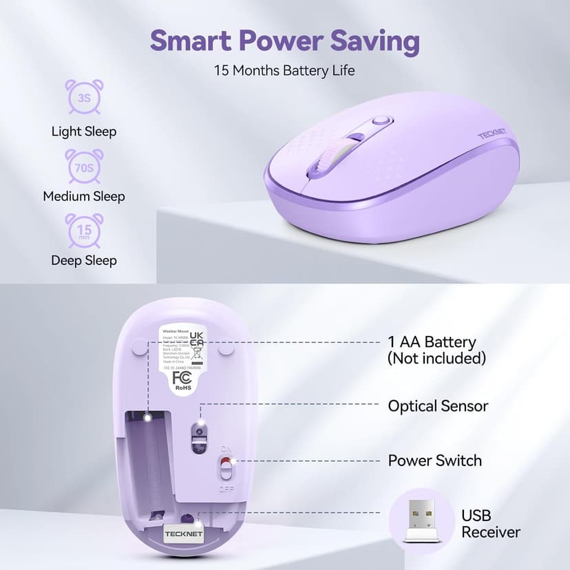 TECKNET Wireless Mouse, 2.4G Quiet Computer Mouse with USB Receiver, 4 Buttons Portable Cordless Mice for Chromebook, Laptop, PC, Mac, 800/1200/1600 DPI - Purple