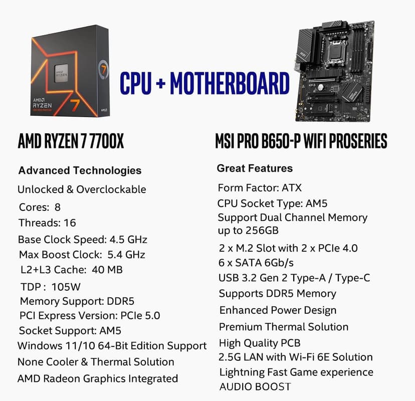 INLAND MSI PRO B650-P WiFi Motherboard with AMD Ryzen 7 7700X 6-Core Desktop Processor (AMD AM5, ATX, DDR5, PCIe 4.0)