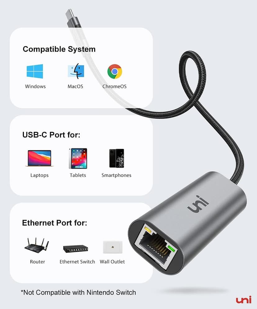 uni USB-C to Ethernet Adapter 2.5 Gbps, Blazing Fast Type-C(Thunderbolt 4/3 Compatible) to RJ45 Adapter, Sturdy Aluminum Gigabit Network Adapter, for MacBook Pro/Air 2023, Laptops, PC, NAS, etc.