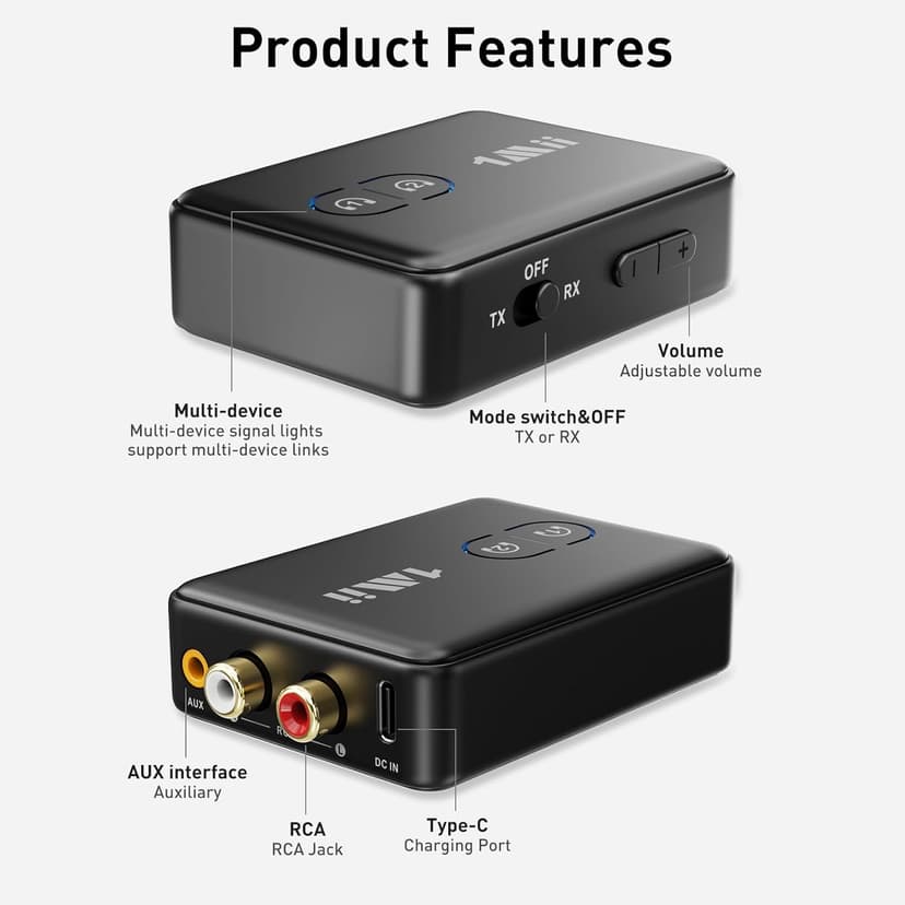 1Mii RCA Bluetooth 5.3 Adapter for TV, 3.5mm AUX Bluetooth Transmitter Receiver for 2 AirPods or Headphones, Home Stereo, Speakers, Projector, Treadmills, PC, with Volume Control, aptX Low Latency