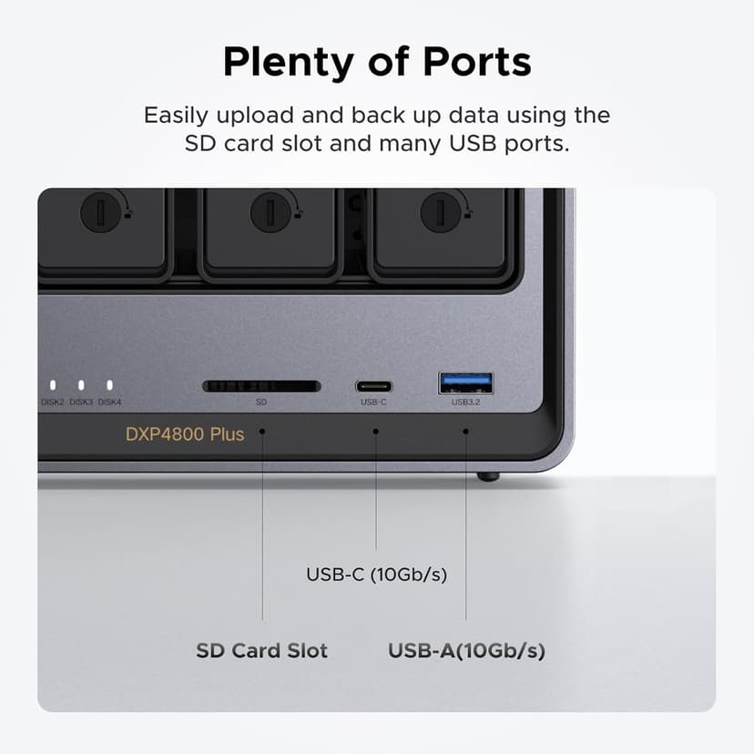 UGREEN NASync DXP4800 Plus 4-Bay Desktop NAS, Intel Pentium Gold 8505 5-Core CPU, 8GB DDR5 RAM, 128G SSD, 1 * 10GbE, 1 * 2.5GbE, 2 * M.2 NVMe Slots, 4K HDMI, Network Attached Storage (Diskless)