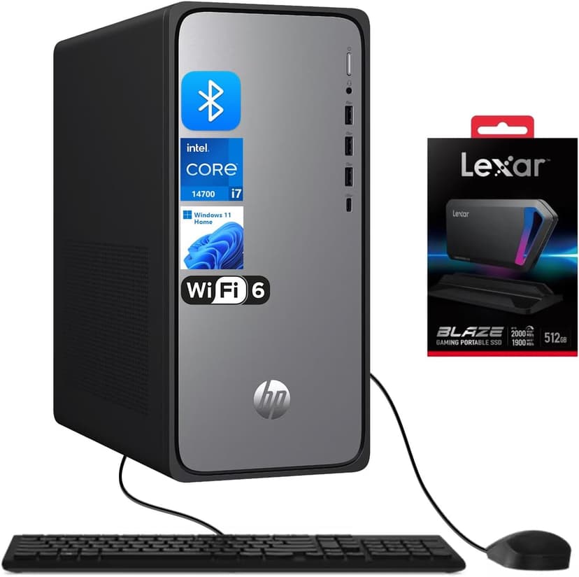 HP OmniDesk M02 Premium AI Copilot Tower Desktop, 20-Core Intel Core i7-14700, 32GB DDR5, 1TB SSD, Wired KB & Mouse, Wi-Fi 6, Bluetooth, Win11 Home, Black, Bundle with Lexar SL660 512GB Portable SSD