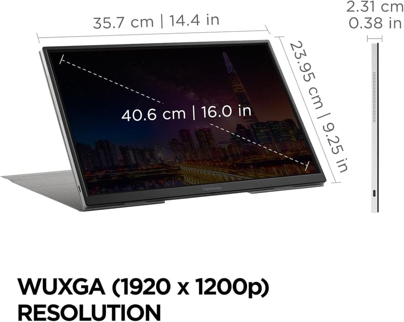 ViewSonic VG1656N 16 Inch 1200p IPS Wireless Portable Monitor with 2 Way Powered 60W USB C, Built-in 4000 mAh Battery and Stand with Smart Cover