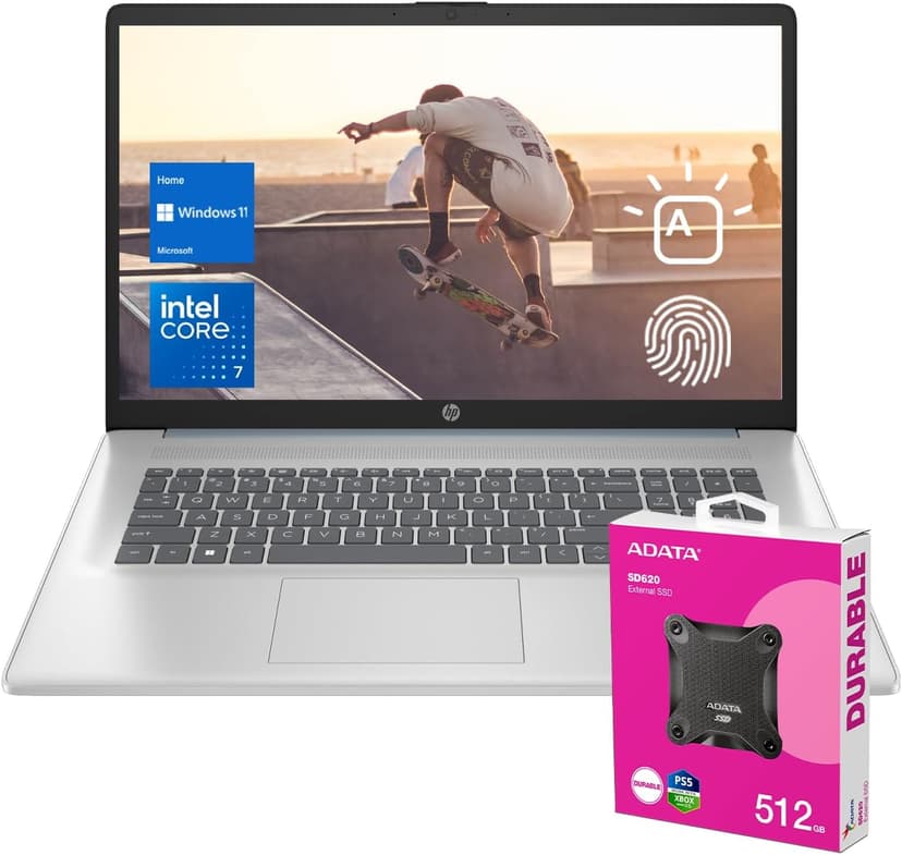 HP 2025 Essential Laptop, 17.3" FHD, Intel Core 7 150U (Beats I7 1335U), 32GB RAM, 1TB SSD, Fingerprint Reader, Backlit Keyboard, Wi-Fi 6, Win 11 Home, Blue, Bundle with ADATA 512 External SSD