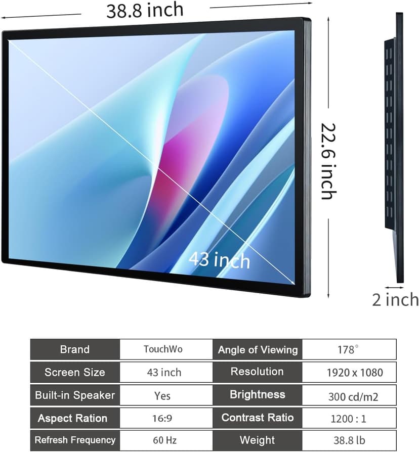 43 inch Interactive Touchscreen Monitor, Smart Board with 16:9 Display 1080P, Win-10 Electronic Whiteboard Touchscreen PC for Office and Classroom, Core i7 RAM 8G & ROM 256G