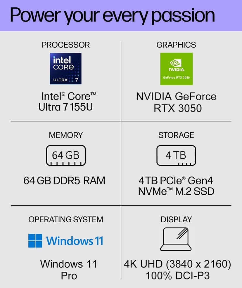 HP Envy 17 AI PC Laptop (17.3" 4K UHD (3840 x 2160), NVIDIA RTX 3050, Intel Core Ultra 7 155U (> i9-12900H), 64GB DDR5, 4TB SSD) for Business, Creator, Designer, IR Webcam, Wi-Fi 7, Win 11 Pro, 2025