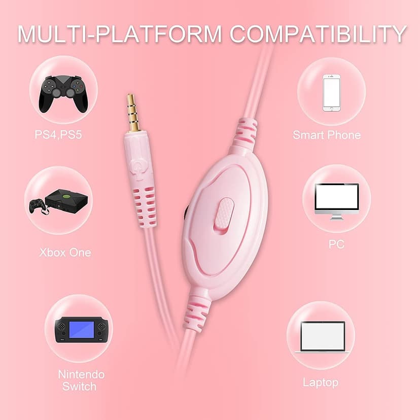 Pink Gaming Headset for Nintendo Switch, Xbox One, PS4,PS5, Bass Surround and Noise Cancelling with Flexible Mic, 3.5mm Wired Adjustable Over-Ear Headphones for Laptop PC iPad Smartphones