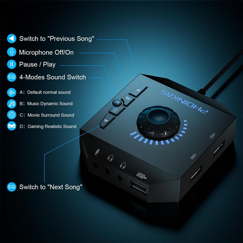 T10 External Sound Card, PHOINIKAS USB Audio Adapter for PC Windows, Mac, Linux, Laptops, Desktops, Stereo Sound Card with 3.5mm Interface & USB Interface, Volume Control, Plug & Play (6-in-1, Black)