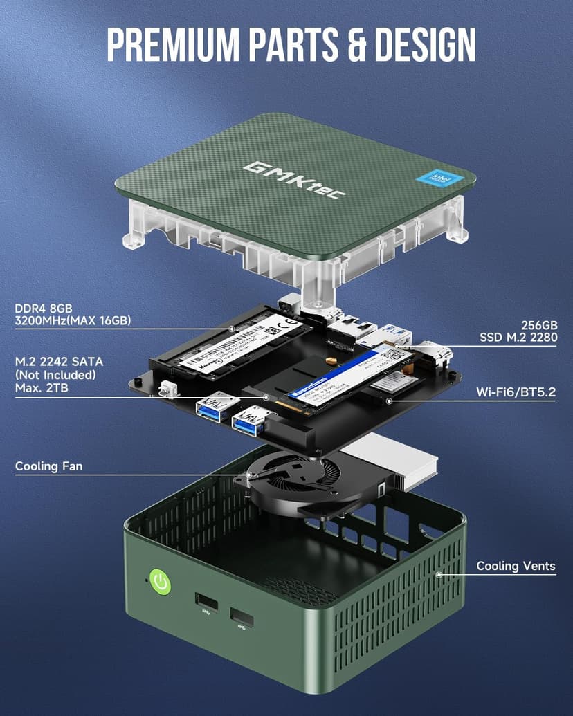 GMKtec Mini PC N150, G3 Plus Intel Twin Lake N150 (3.4GHz), 8GB DDR4 RAM 256GB PCIe M.2 SSD, Desktop Computer 4K Dual HDMI/USB3.2/WiFi 6/BT5.2/2.5G RJ45