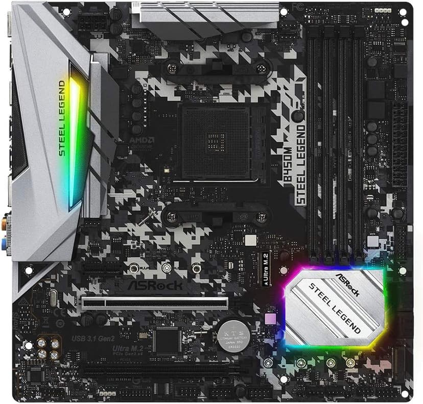 ASRock B450M STEEL LEGEND Socket AM4/ AMD Promontory B450/ DDR4/ Quad CrossFireX/ SATA3&USB3.1/ M.2/ A&GbE/ MicroATX Motherboard