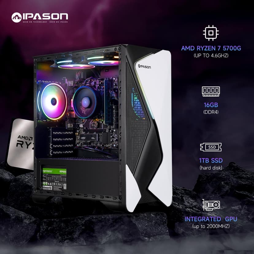 Gaming Desktop PC – AMD Ryzen7 5700G 3.8GHz, AMD Radeon Graphics（Integrated ）, 1TB NVME PCIe Gen4 SSD, 16GB DDR4 RAM 3200, 550W PSU, Windows 11 Home 64-bit Pre-Built PC（White & Black）