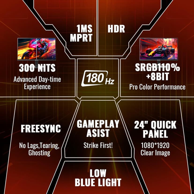 SANSUI 24 Inch Gaming Monitor 180Hz 1Ms FreeSync HDR 110% sRGB FHD 1080P Computer Monitor HDMI DP Ports Eye Care Frameless VESA Mount Cable Management(ES-G24F4L HDMI Cable Included)