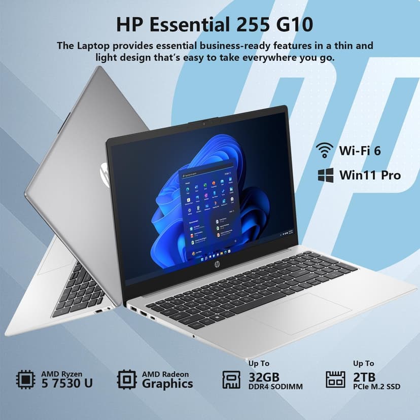 HP Essential 255 G10 Entry Business Laptop, 15.6" FHD Anti-Glare Display, AMD Ryzen 5 7530U, Radeon Graphics, 32GB RAM, 1TB SSD, Wi-Fi 6, USB-C, HDMI, Webcam, Fast Charging, Windows 11 Pro, Silver