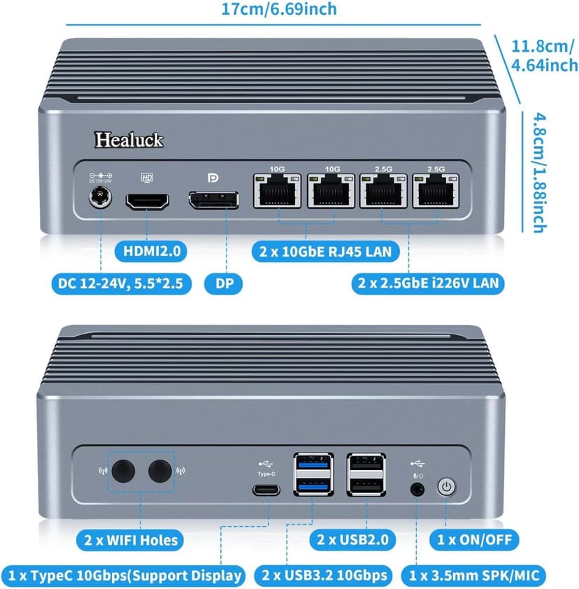 S7 Dual 10GbE Mini PC N305, Firewall Micro Appliance 4 LAN (2 x 10Gbit, 2 x i226V 2.5GbE), DDR5 8GB RAM 128GB SSD, 2 x NVMe Firewall Hardware, USB-C Port, 2USB3.2 10Gbps, SPK/MIC