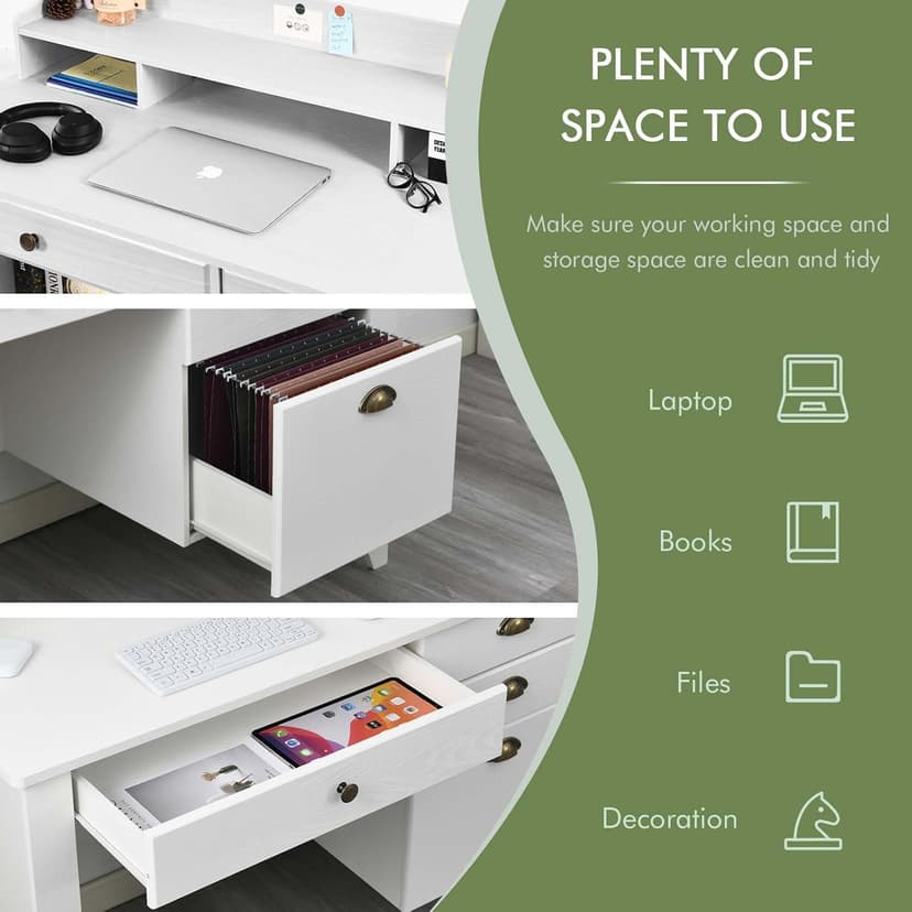 Catrimown Computer Desk with Drawers and Hutch, 47 Inch Home Office Desk with File Drawers, Student Girls Desks, Teens Writing Table with Hutch, Small Desk with Drawer for Bedroom, White
