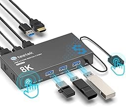 USB 3.0 HDMI KVM Switch 1 Monitor 2 Computers, 8K@60Hz KVM Switches for 2 Computers Sharing Monitor Keyboard Mouse Hard Drives Printer,with EDID Adaptive,2*USB Cable and Controller.