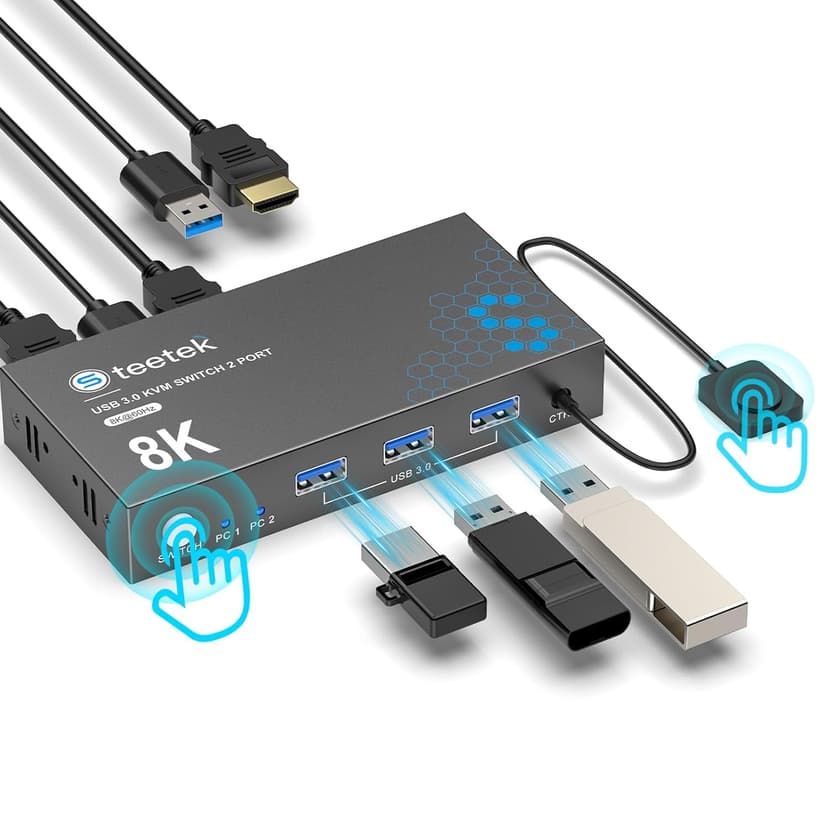 USB 3.0 HDMI KVM Switch 1 Monitor 2 Computers, 8K@60Hz KVM Switches for 2 Computers Sharing Monitor Keyboard Mouse Hard Drives Printer,with EDID Adaptive,2*USB Cable and Controller.