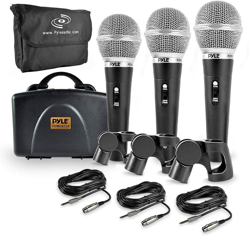 Pyle 3 Piece Professional Dynamic Microphone Kit Cardioid Unidirectional Vocal Handheld MIC with Hard Carry Case & Bag, Holder/Clip & 26ft XLR Audio Cable to 1/4'' Audio Connection (PDMICKT34),Black