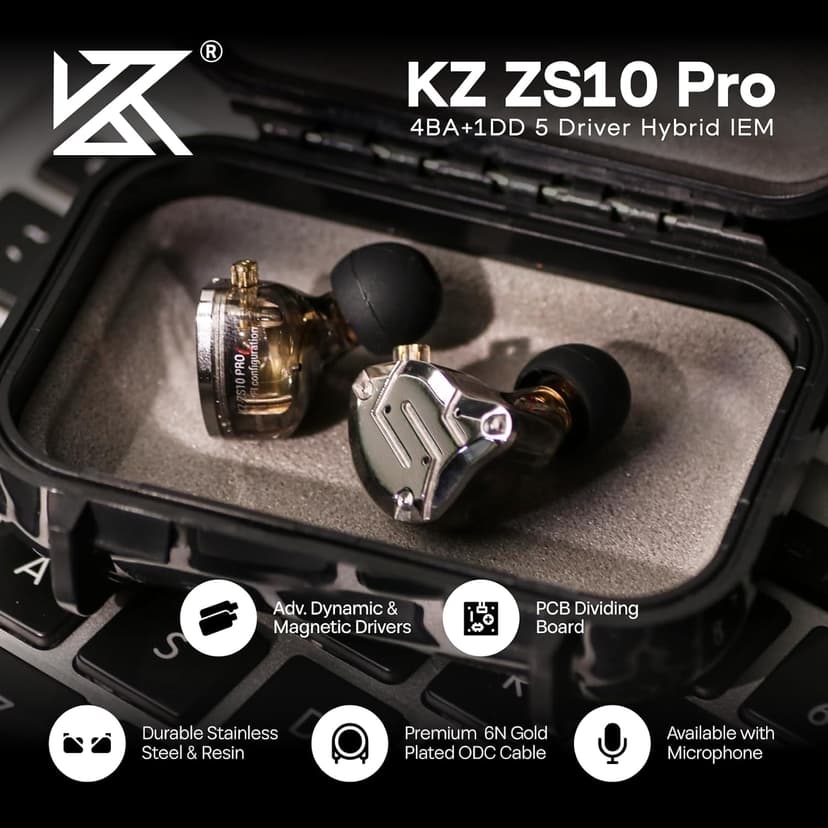 Linsoul KZ ZS10 Pro, 4BA+1DD 5 Driver in Ear Monitor, HiFi Wired Earbuds, Gaming Earbuds, Hybrid IEM Earphones with Stainless Steel Faceplate, Detachable Cable for Musician(Without Mic, Black)