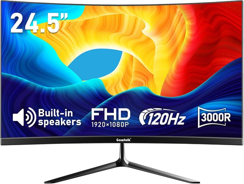 24.5 Inch Gaming Curved Monitor Built-in Speakers, 3000R 120Hz PC Screen Full HD 1080P, HDMI 2.0, VGA, Wall Mount Compatible 75 * 75mm