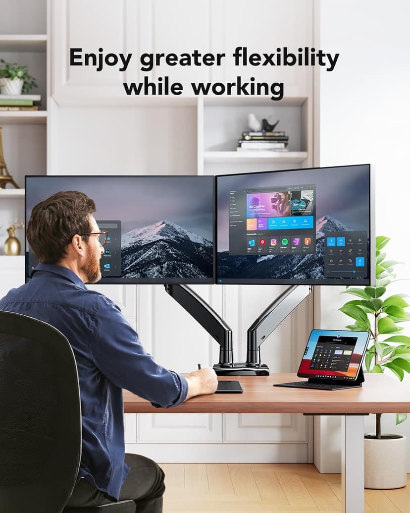 HUANUO Dual Monitor Stand for 13 to 40 inch, Premium Dual Monitor Mount with USB, Height Adjustable Monitor Stand for 2 Monitors, VESA Mount with Clamp/Grommet Base, Each Arm Hold up to 26.4lbs, Black