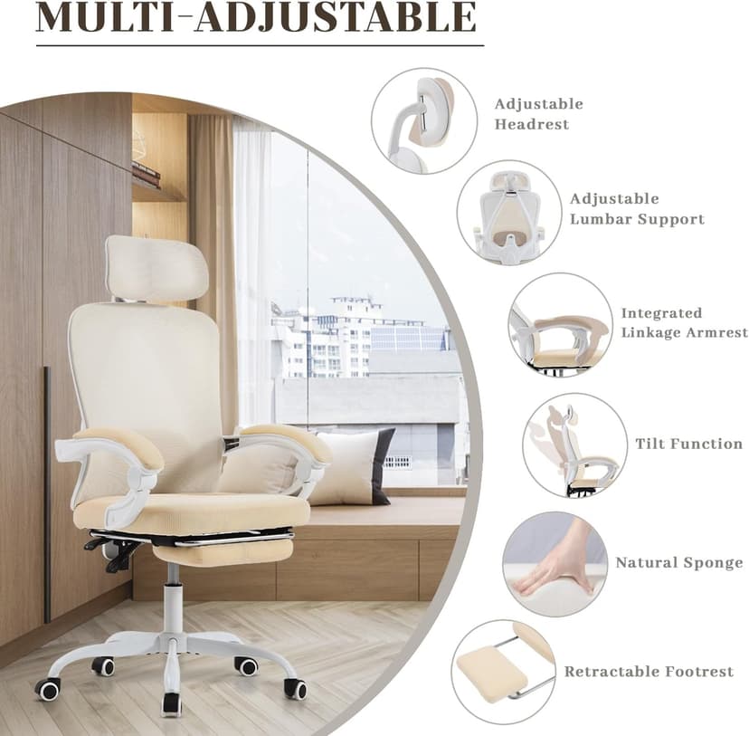 Ergonomic Office Chair with Retractable Footrest, 400LBS Capacity,Synchronized Armrest, Breathable Mesh, Adjustable Lumbar Support