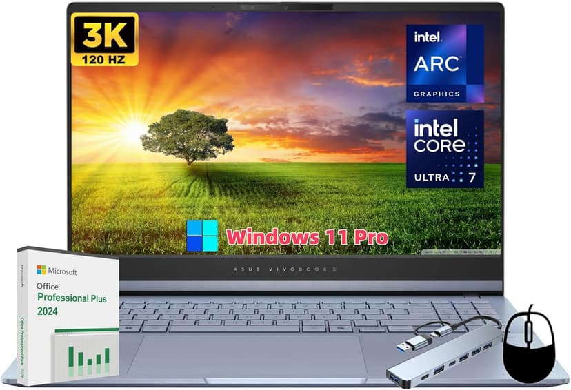 ASUS Vivobook S 15 OLED Laptop, 15.6" 3K OLED 120Hz Display, Intel Ultra 7 155H, ARC Graphics, 16 GB RAM, 1 TB SSD, Backlit KB, Wi-Fi 6E, Windows11 Pro & Office Lifetime License, w/Jawfoal Accessories