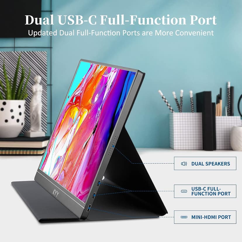 KYY Portable Monitor 15.6'' 1080P FHD USB-C Laptop Monitors w/Smart Cover & Dual Speaker, HDMI Computer Display IPS HDR External Gaming Monitor for PC Phone Mac Xbox PS4 Switch[Upgraded]