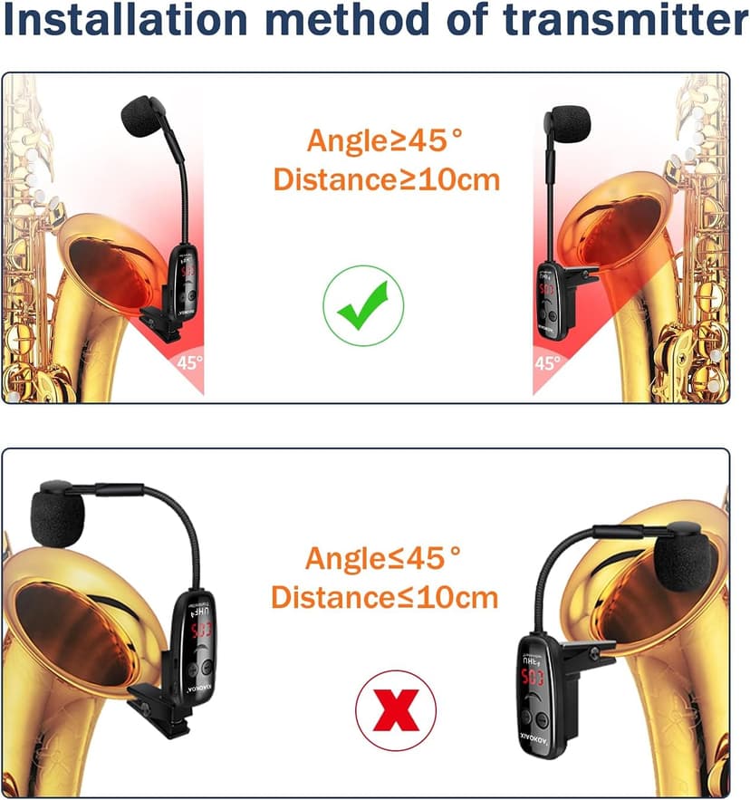 XIAOKOA UHF Wireless Instruments Microphone,Saxophone Microphone,Wireless Receiver and Transmitter,164ft Range,Plug and Play,Great for Trumpets, Clarinet, Cello