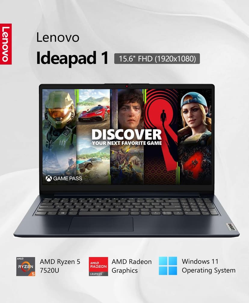 Lenovo Ideapad 1 Laptop, 15.6" FHD (1920x1080) IPS 300nits Anti-Glare Display, Touch, Ryzen 5 7520U, 8GB RAM, 512GB Storage, AMD Radeon Graphics, HDMI, Windows 11, HDMI, Abyss Blue