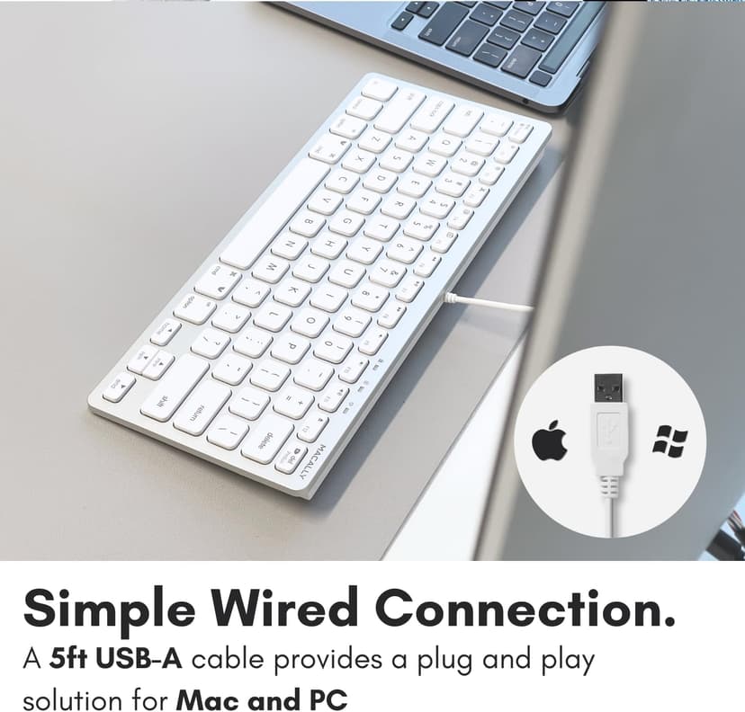 Macally Small Wired Keyboard for Mac and Windows - 78 Scissor Switch Keys Compatible Apple Keyboard - USB Mini Keyboard That Saves Space and Looks Great - Plug and Play Wired Mac Keyboard - Aluminum