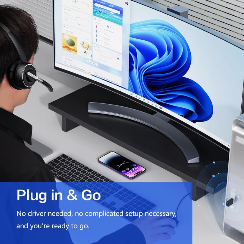 Bluetooth Headset, Wireless Headset with Microphone for PC, V5.2 Computer Headset with Noise Cancelling Mic, USB Dongle, Charging Base & Mute Button for Work, Cell Phones, Computer (Black)