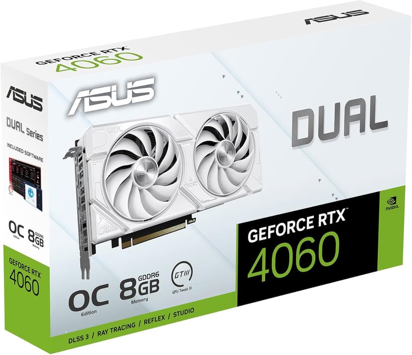 ASUS Dual GeForce RTX™ 4060 EVO White OC Edition 8GB GDDR6 (PCIe 4.0, 8GB GDDR6, DLSS 3, HDMI 2.1a, DisplayPort 1.4a, Axial-tech Fan Design, 0dB Technology, Dual BIOS, Auto-Extreme Tech)