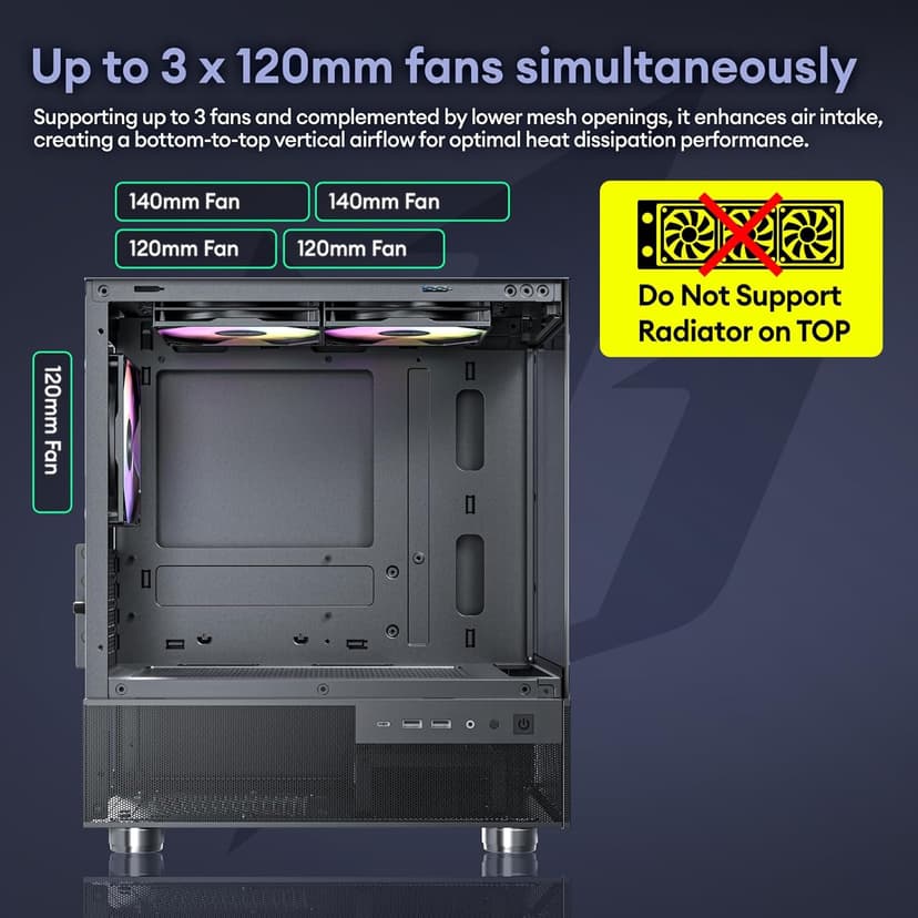Aqua 3, Micro ATX Case, MATX PC Case with 3 X 120mm 3-Pin ARGB Fan Pre-Installed, Panoramic View Tempered Glass Front & Side Panel, with Type C Port, Black