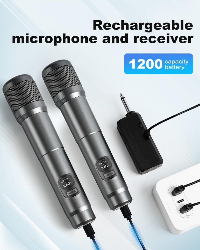 Wireless Microphone, Dual Handheld Dynamic Mic with Rechargeable Receiver, 40H Duration, 200ft Range, Plug and Play, Karaoke Microphone for Singing, Karaoke, Meeting, Church, Wedding