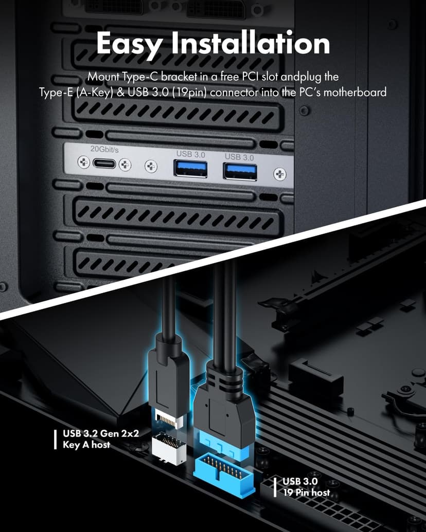 GRAUGEAR 20Gbps USB3.2 Gen2x2 USB-C Front Panel Adapter, Motherboard Header Extension Cable, USB-C and USB to USB3.2 Type-E Key-A 20-Pin and 19-Pin USB3.0 Connectors with PCIe Bracket[G-AD-ETC2A-20G]