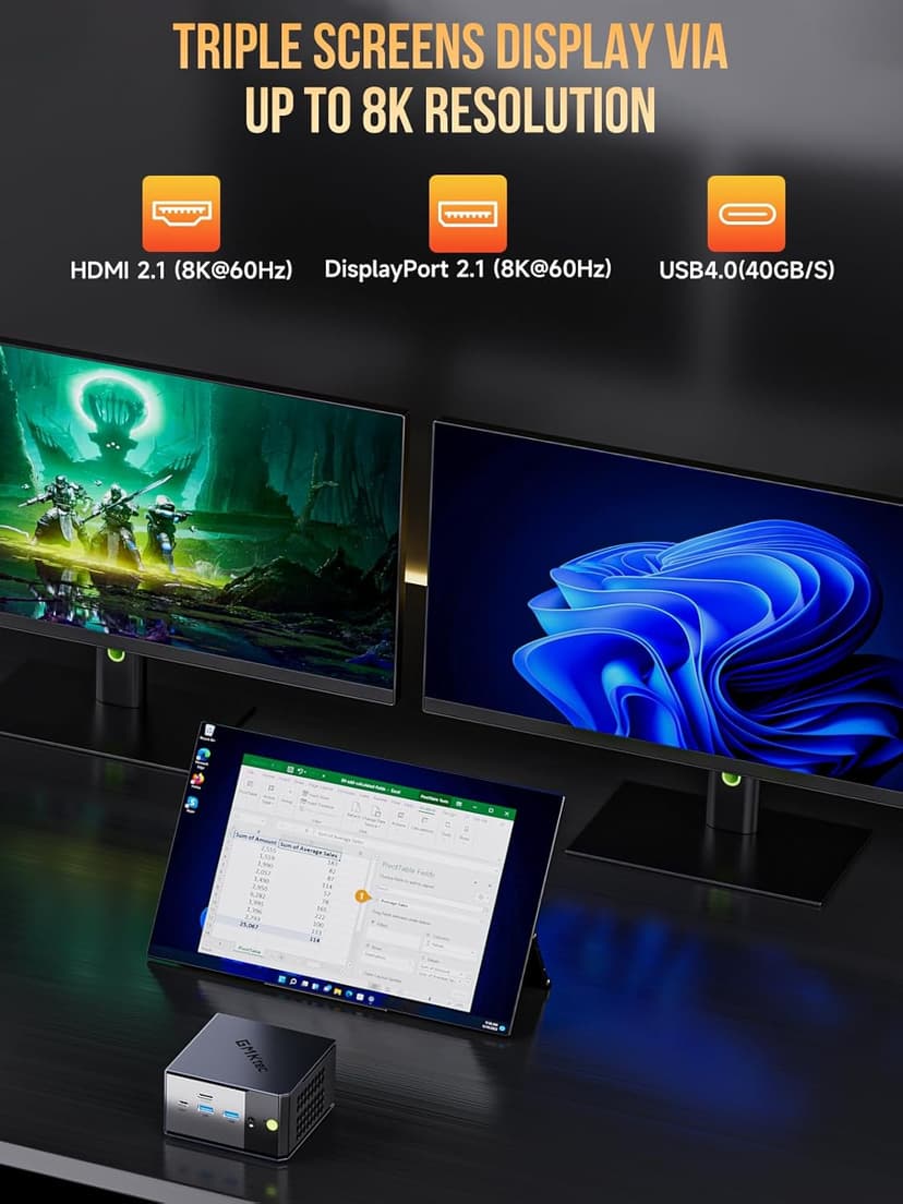 GMKtec EVO-X1 AI Mini PC AMD Ryzen AI 9 HX-370 Series (Up to 5.1GHz) Gaming Computers, 64GB DDR5 1TB PCIe 4.0 SSD, Triple Screen 8K Display, WiFi 6 & USB4/Oculink Interface