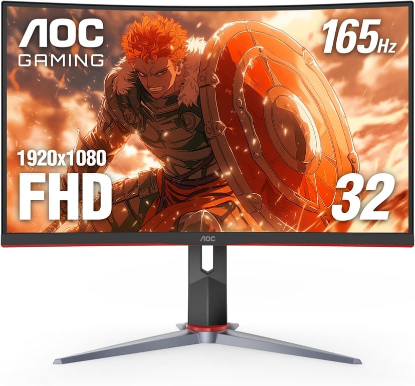 AOC C32G2 32" Curved Frameless Gaming Monitor FHD, 1500R Curved VA, 1ms, 165Hz, FreeSync, Height adjustable, 3-Year Zero Dead Pixel Policy, Black