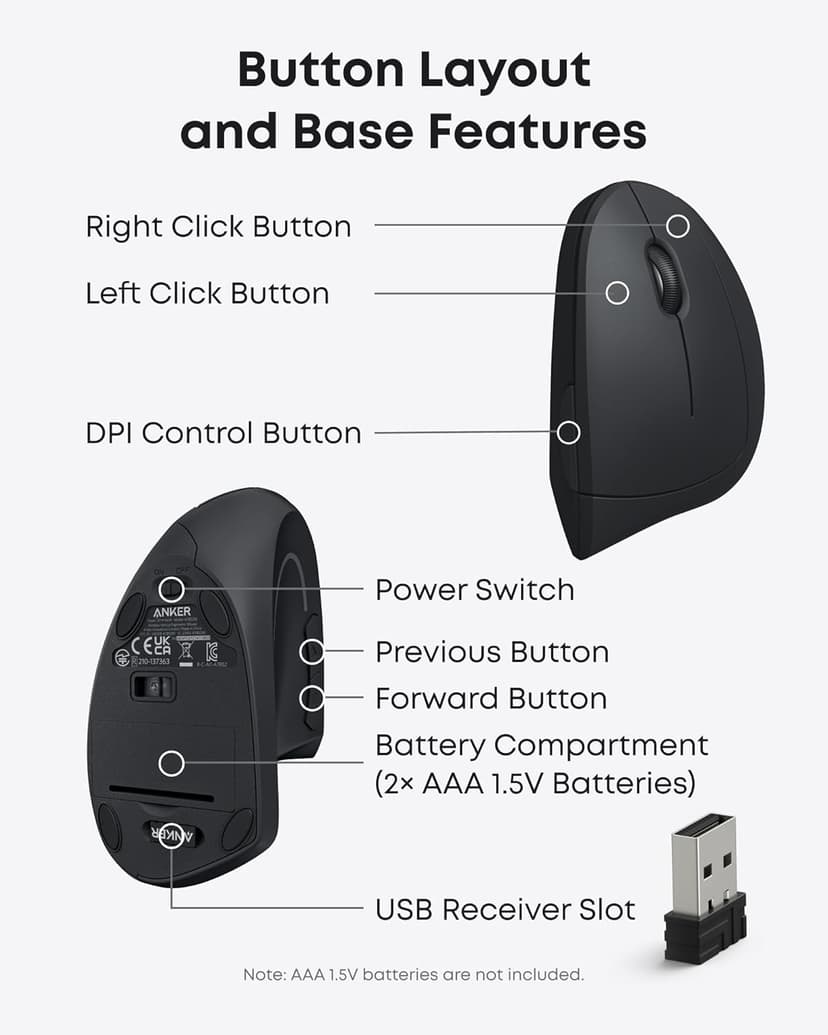 Anker 2.4G Wireless Vertical Ergonomic Optical Mouse for Work, Multi-Device Connectivity, 800/1200 /1600 DPI, 5 Buttons for Laptop, Desktop, PC, MacBook - Black