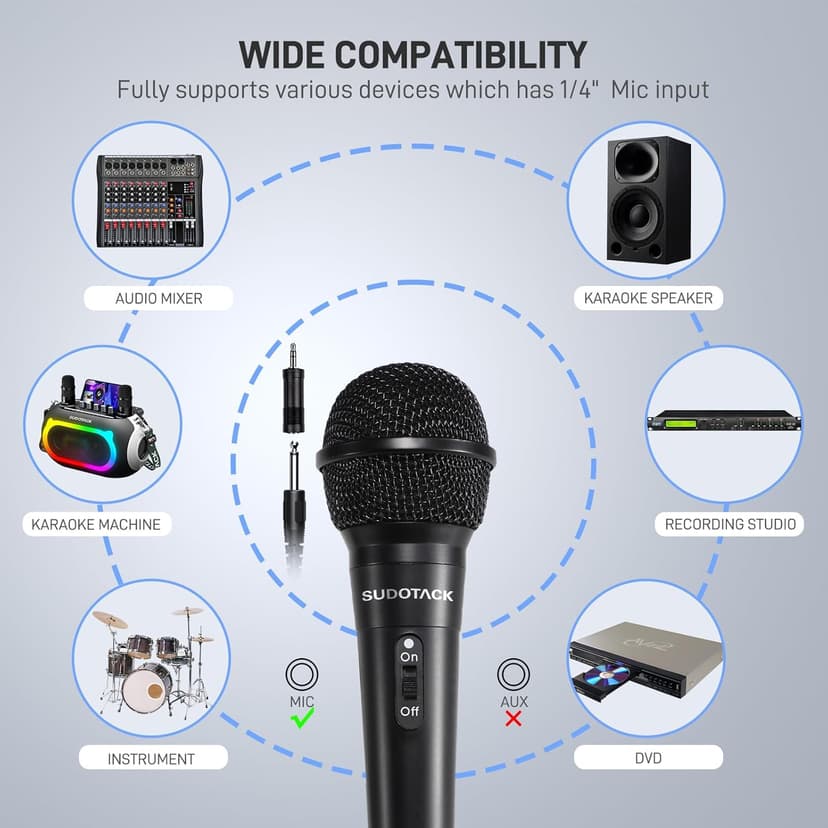 SUDOTACK Karaoke Microphone Wired Handheld: Dynamic Vocal Mic for PA System Speakers AMP with 9.84ft Cable and ON/Off Switch 1/4” Plug for Public Speaking
