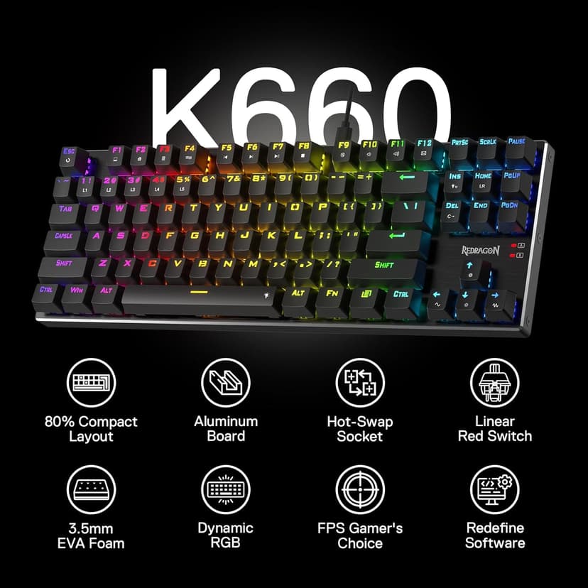 Redragon K660 (K556 TKL) RGB Wired Gaming Keyboard, 80% 87 Keys Mechanical Keyboard w/Aluminum Base, Upgraded Hot-Swap Socket and Noise Absorbing Foams, Quiet Linear Red Switch