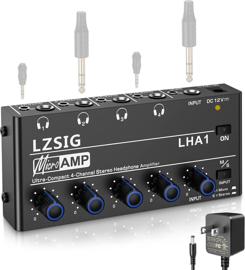LZSIG Headphone Amplifier 4 Channel Metal Stereo Audio Amplifier, Mini Earphone Splitter with Power Adapter, 1/4" & 1/8" TRS Headphones Output and TRS Audio Input, DC 12V